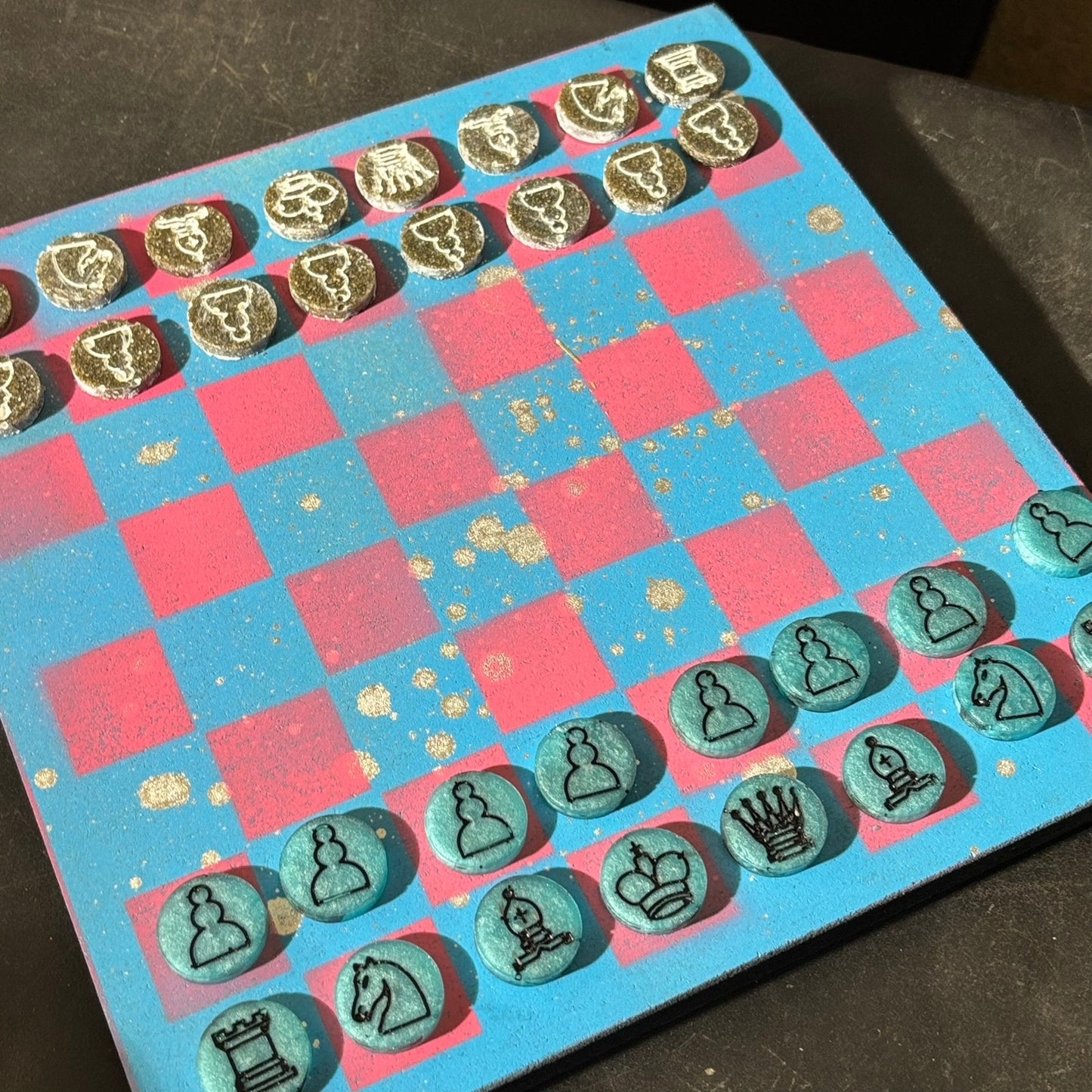 Blue & Pink - Painted Chess Set
