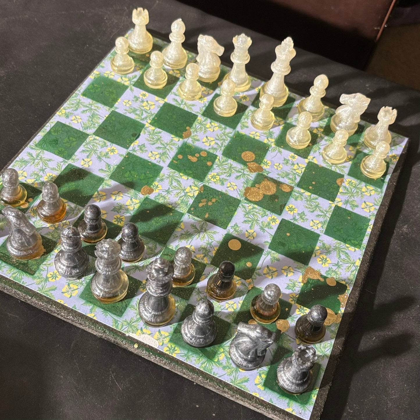 Gold Splattered Green Pattern - Scrapbook Chess Set