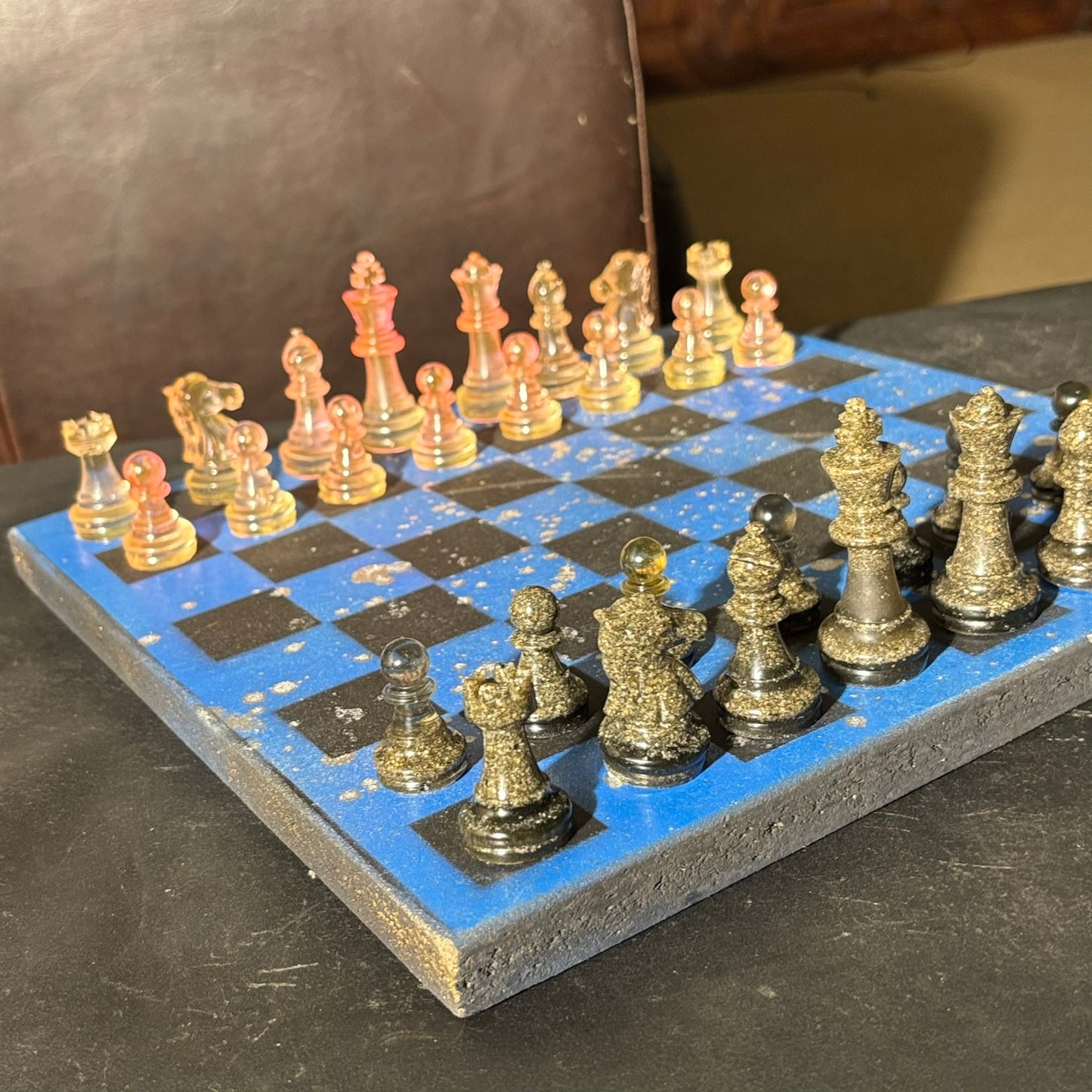 Blue Chrome Black - Painted Chess Set