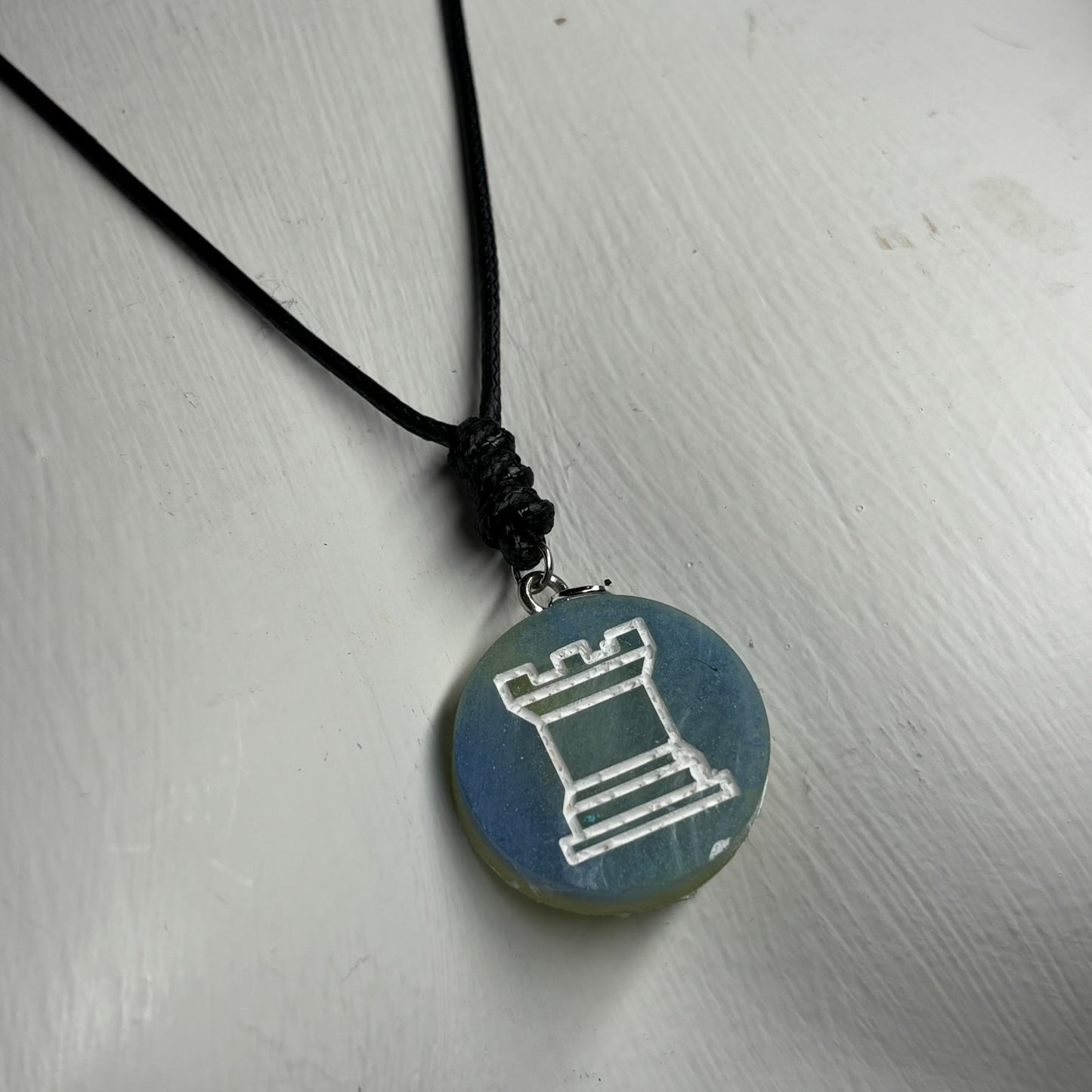 Vintage Blue Rook - Handmade Resin Chess Necklace