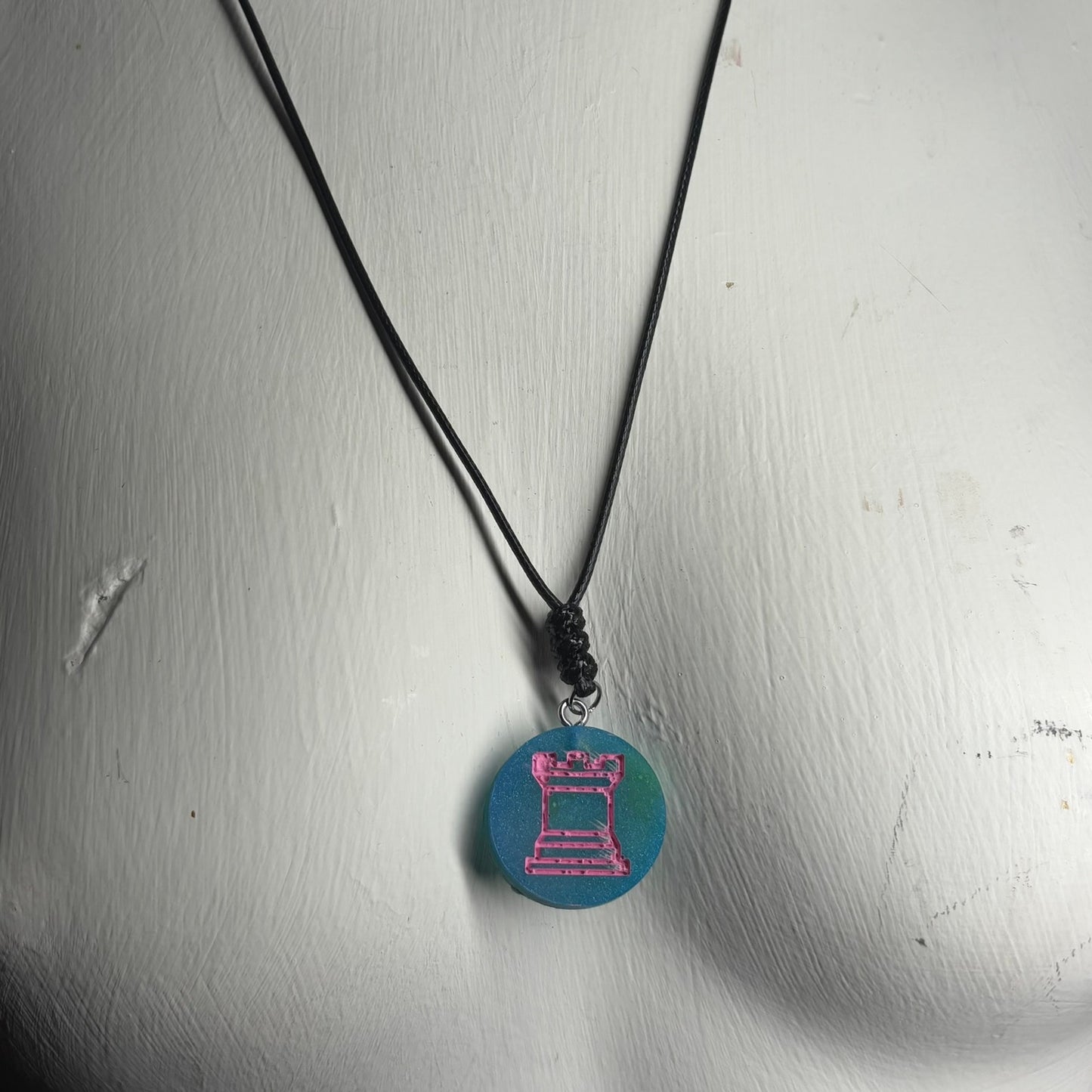 Blue/Pink Rook - Handmade Resin Chess Necklace
