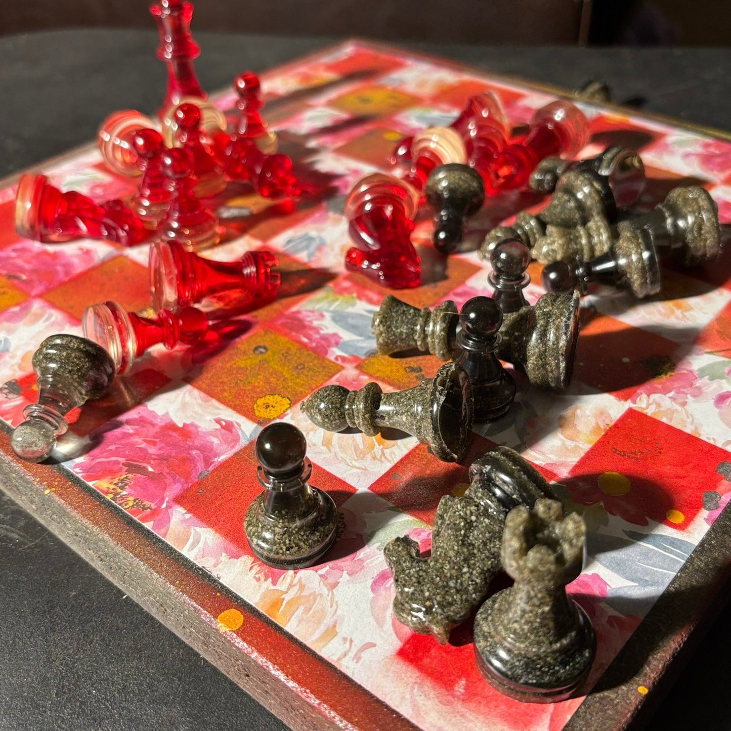 Opal Fire Red Flower - Scrapbook Chess Set