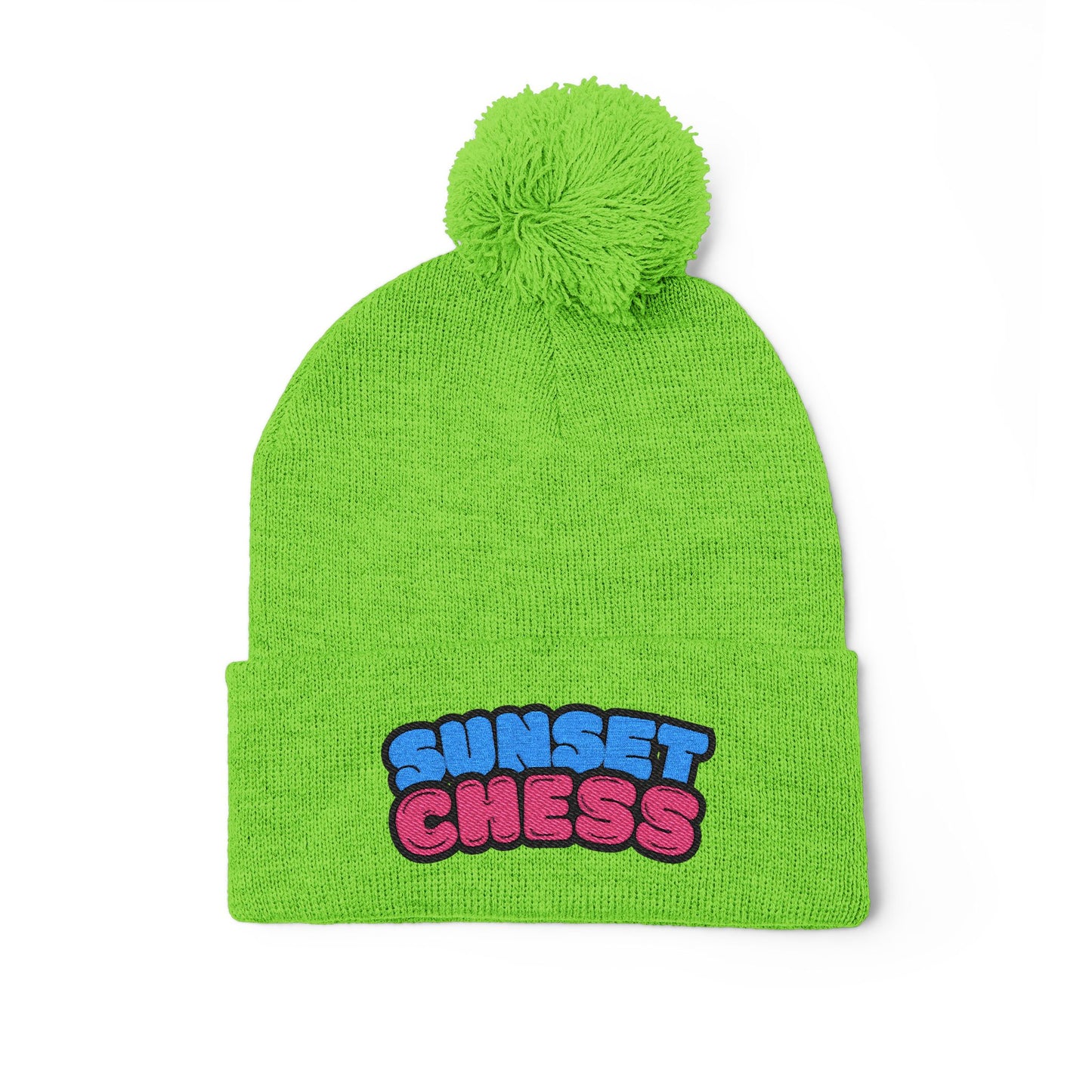 Sunset Chess - Pom Pom Neon Green Beanie