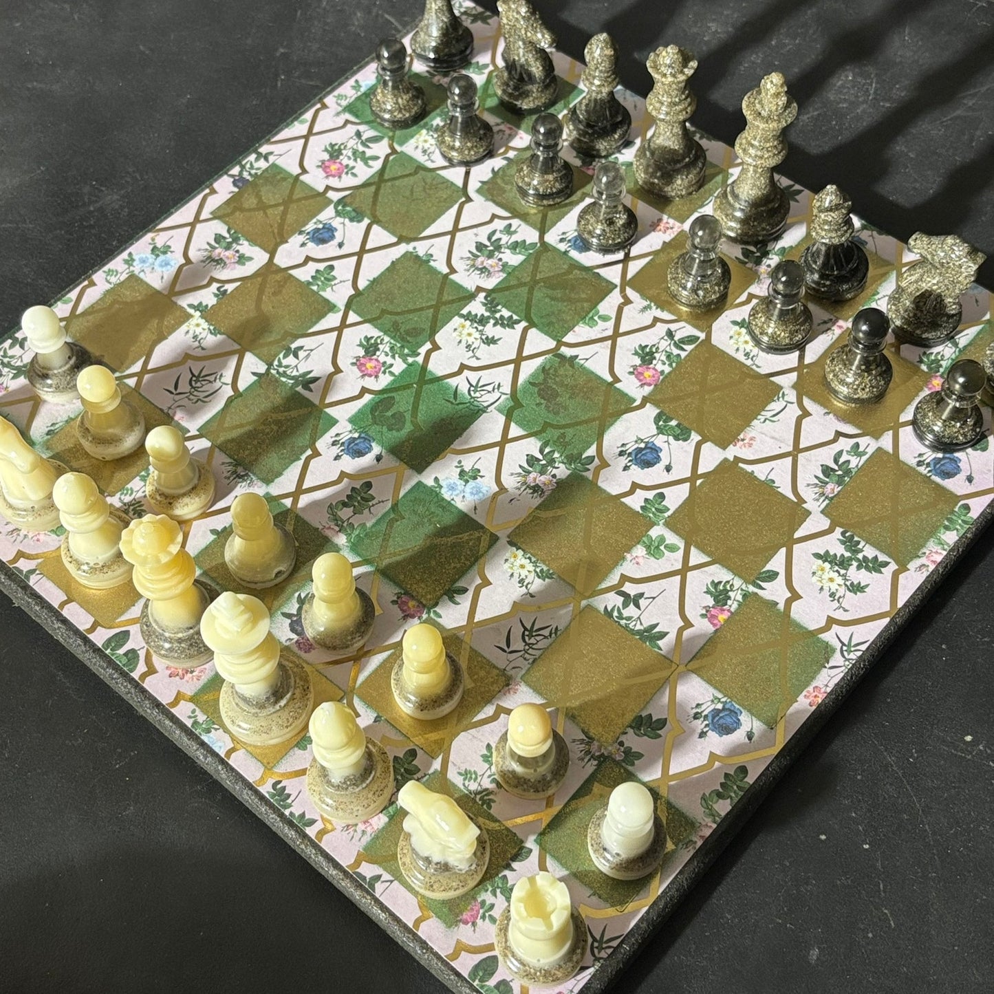 Golden Green Flowers - Scrapbook Chess Set
