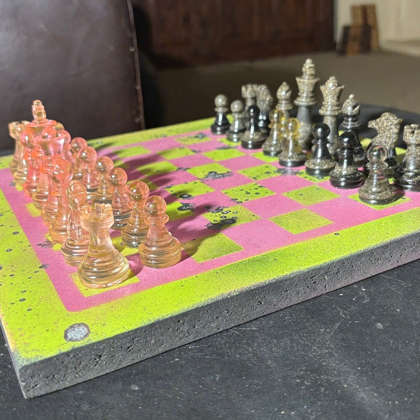 Classy Pink Neon Green- Painted Chess Set