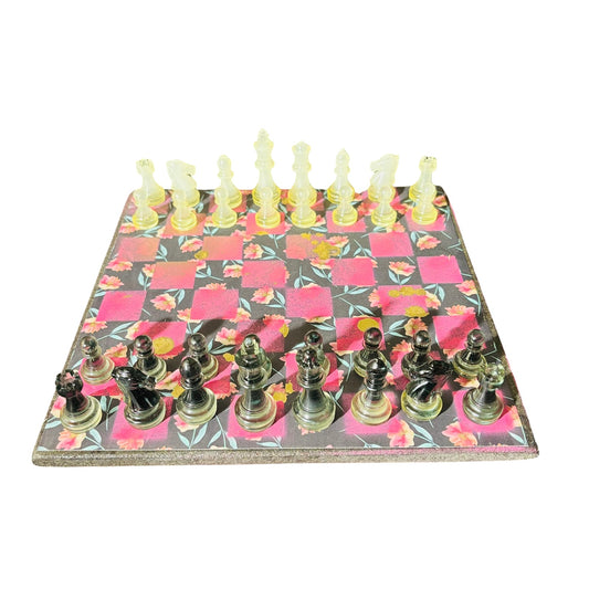 Beautiful Black Pink Flowers - Scrapbook Chess Set