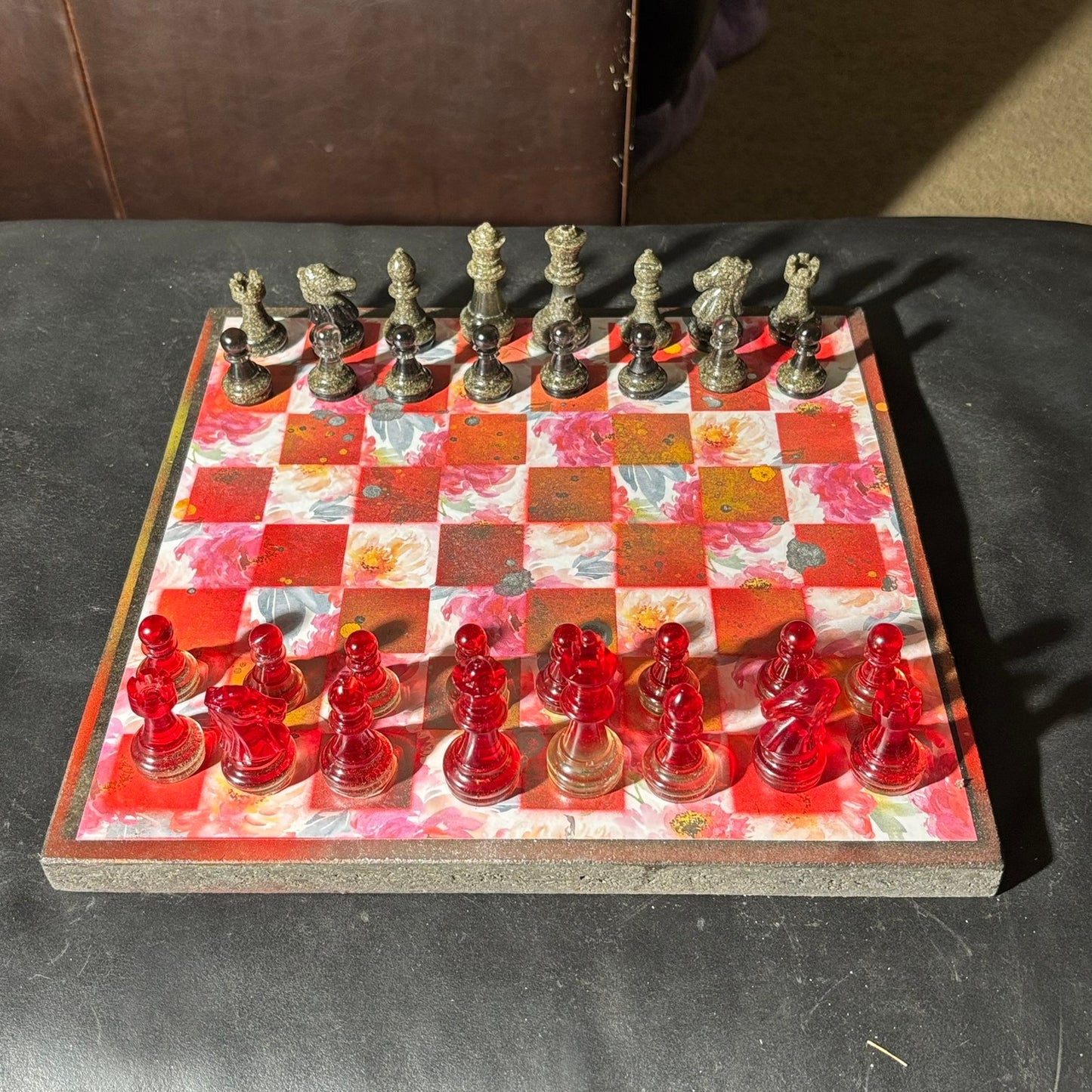 Opal Fire Red Flower - Scrapbook Chess Set