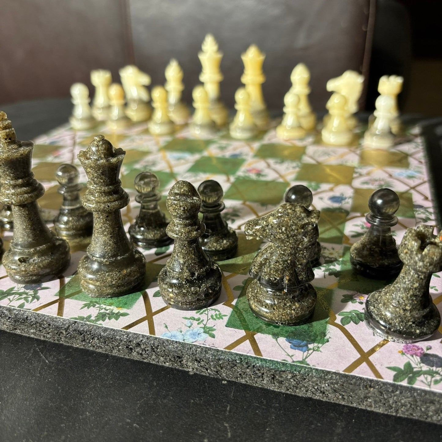 Golden Green Flowers - Scrapbook Chess Set