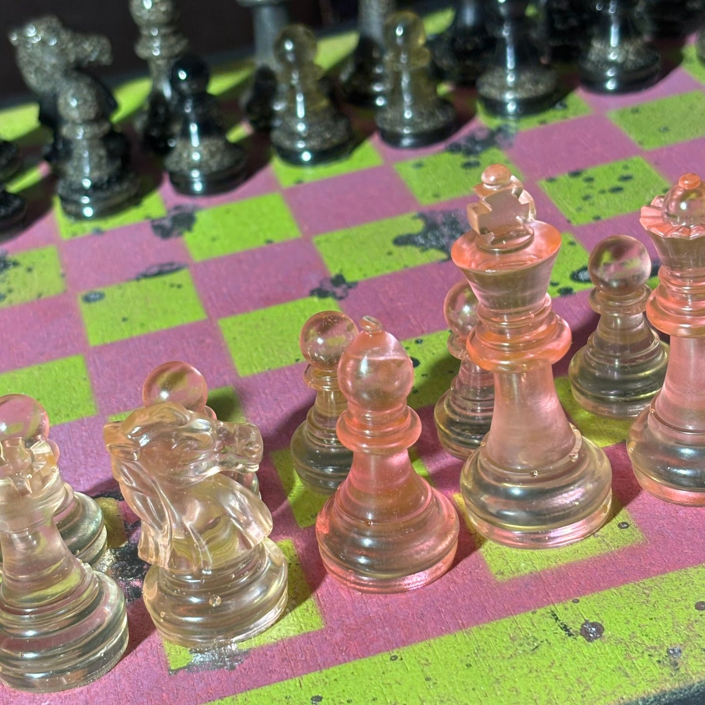 Classy Pink Neon Green- Painted Chess Set