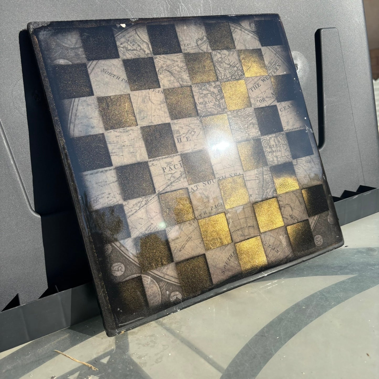 Vintage Map With Golden Mist - Resin Coated Chess Board