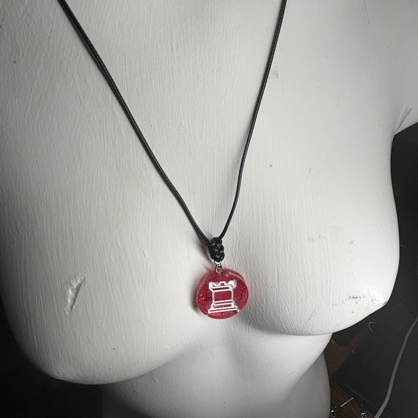 Red Crystal Rook - Handmade Resin Chess Necklace