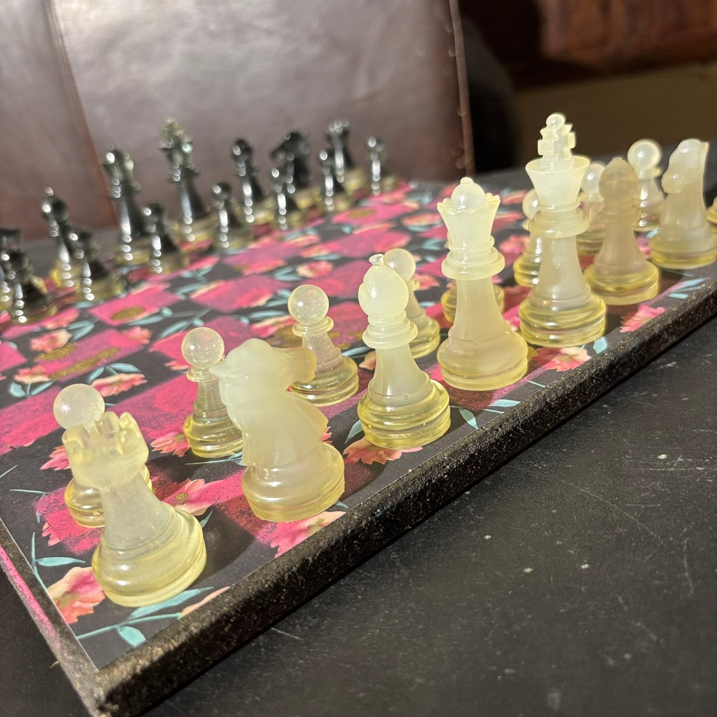 Beautiful Black Pink Flowers - Scrapbook Chess Set