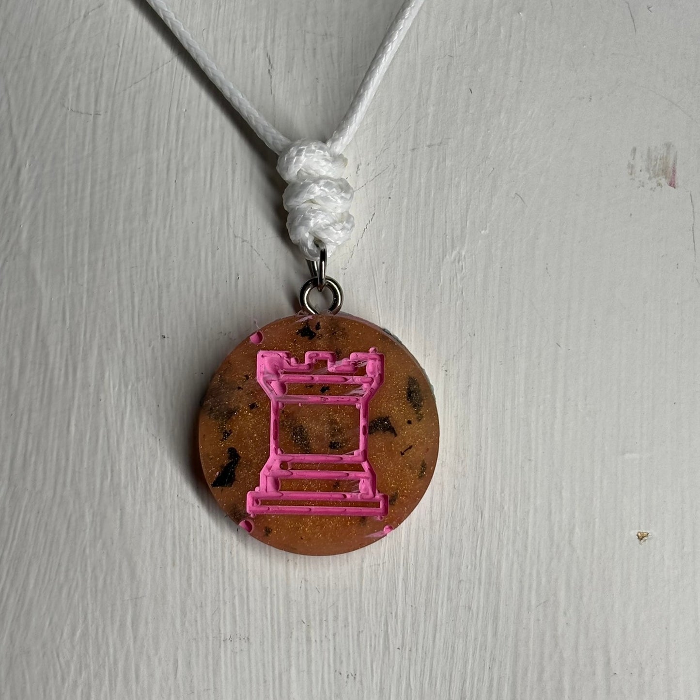 Fire Pink Rook - Handmade Resin Chess Necklace - Flat Edition