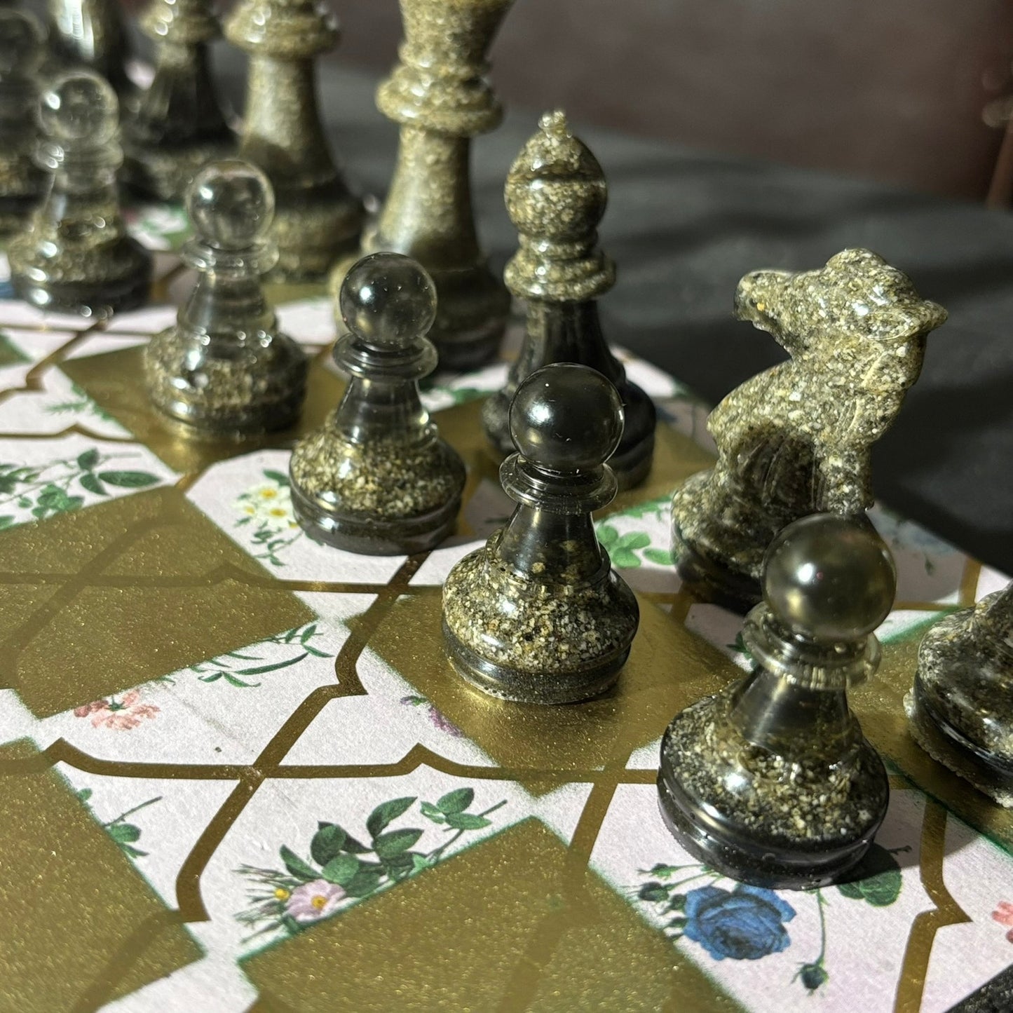 Golden Green Flowers - Scrapbook Chess Set
