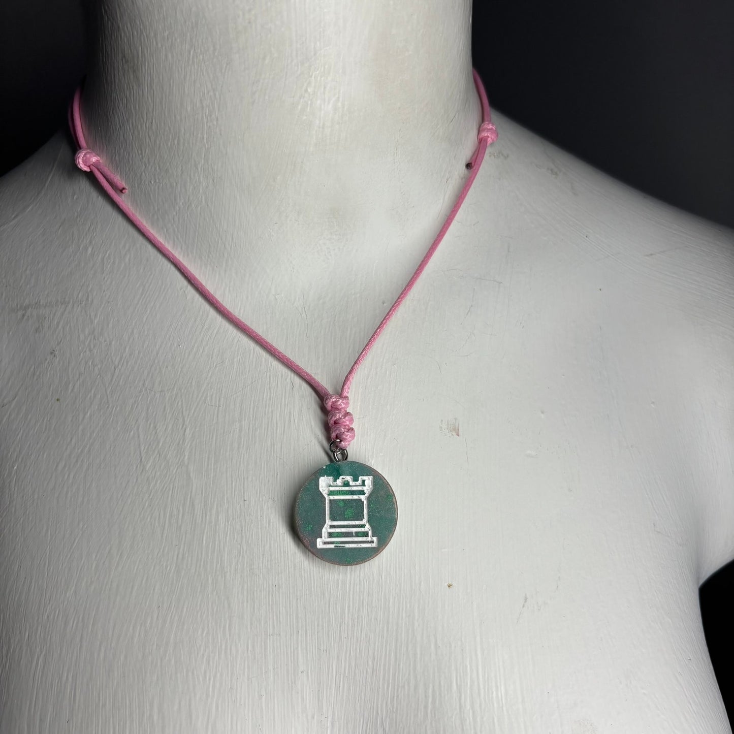 Pearl Green Rook - Handmade Resin Chess Necklace