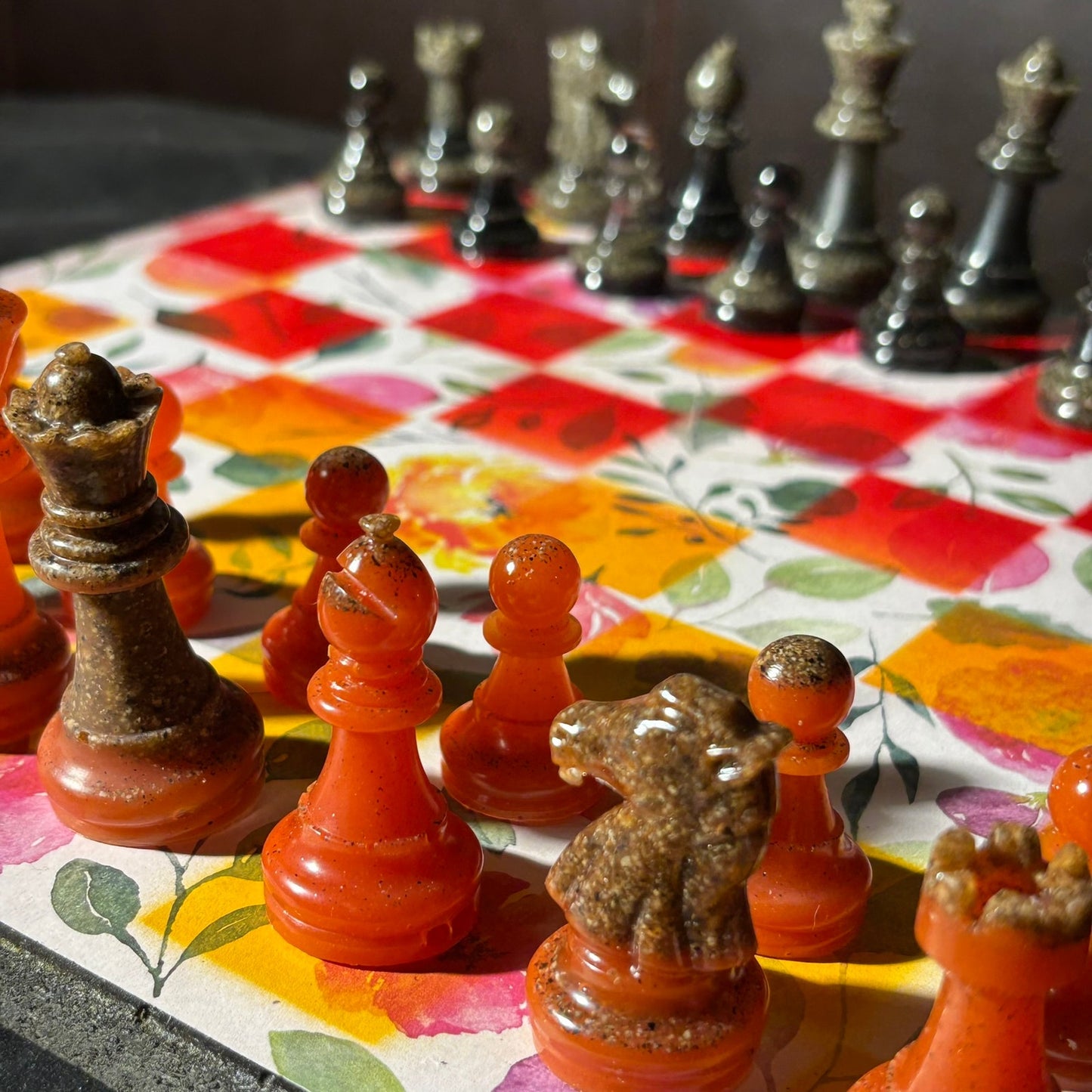 Fiery Opal Flowers - Scrapbook Chess Set