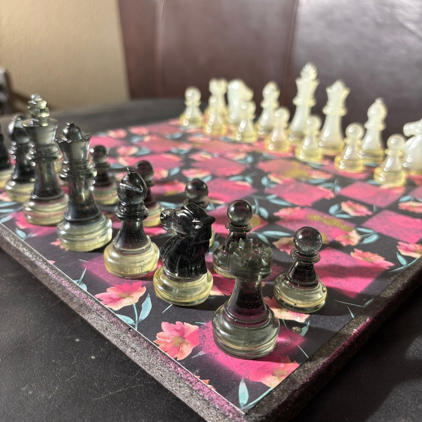 Beautiful Black Pink Flowers - Scrapbook Chess Set
