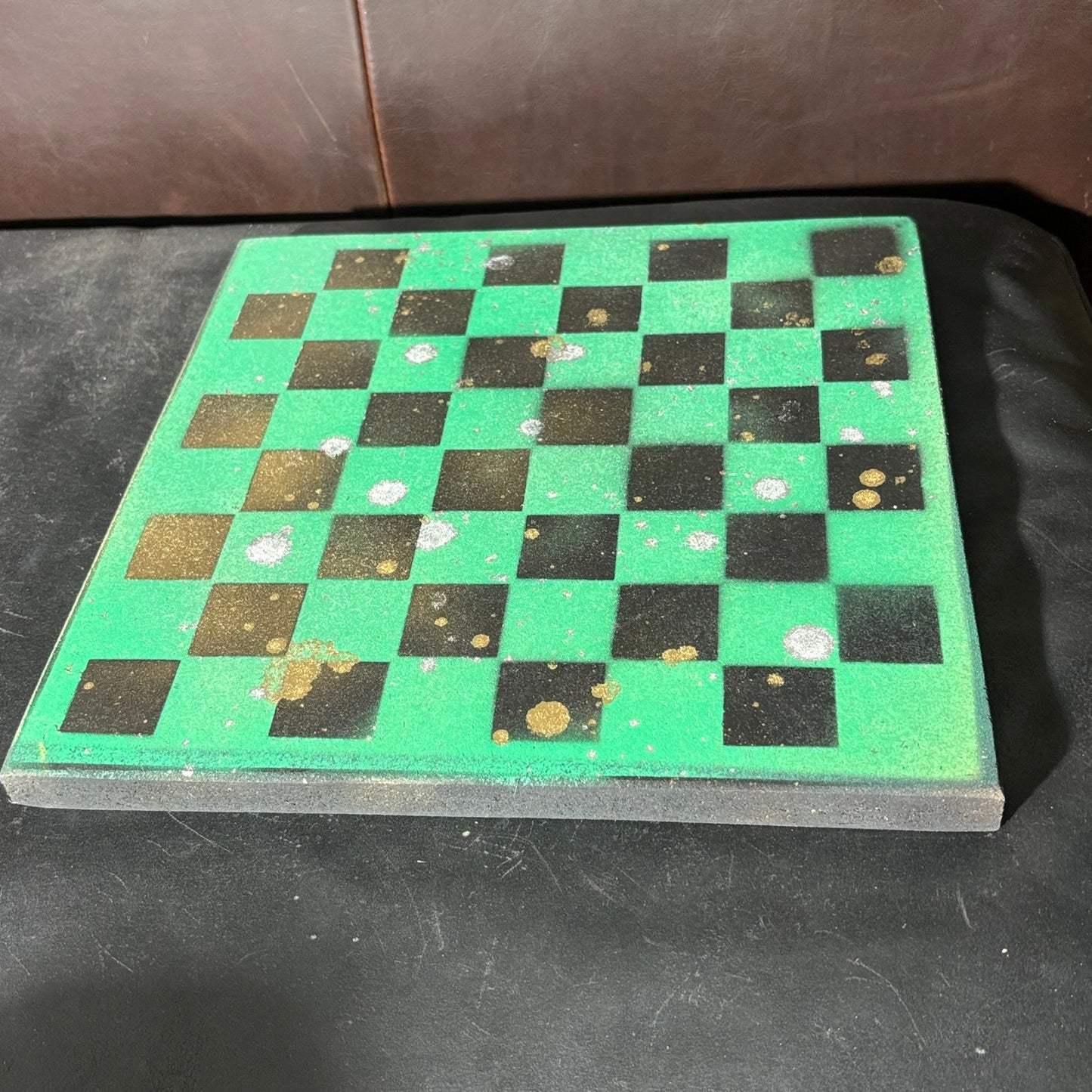 Green Gold Splatter - Painted Chess Board