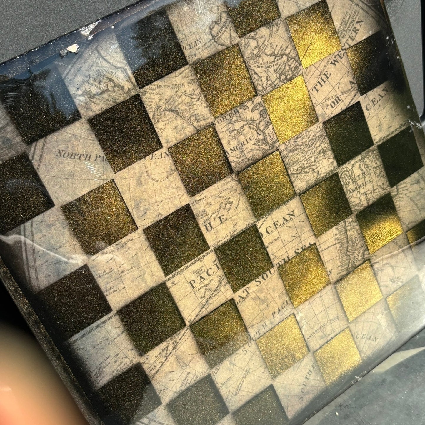 Vintage Map With Golden Mist - Resin Coated Chess Board