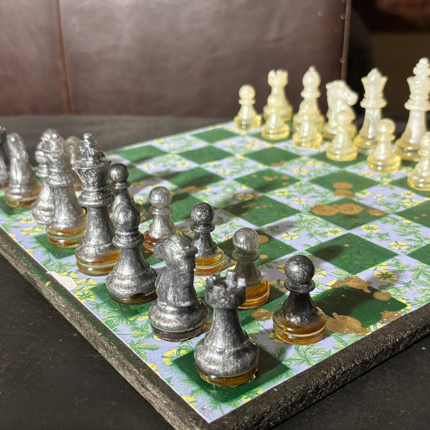 Gold Splattered Green Pattern - Scrapbook Chess Set
