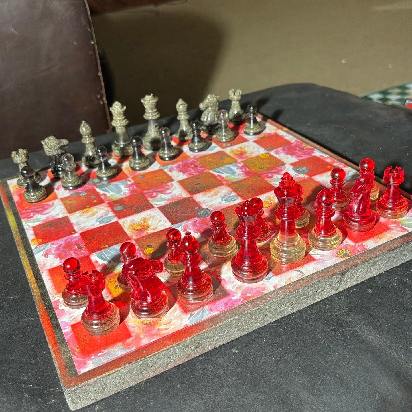 Opal Fire Red Flower - Scrapbook Chess Set