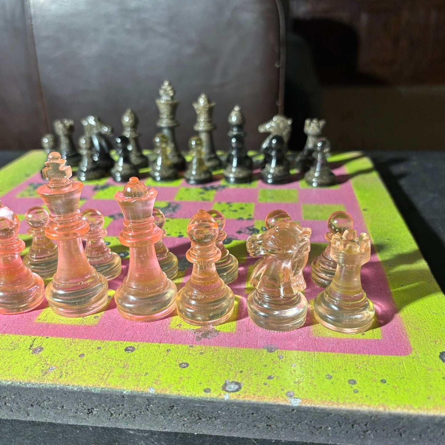 Classy Pink Neon Green- Painted Chess Set