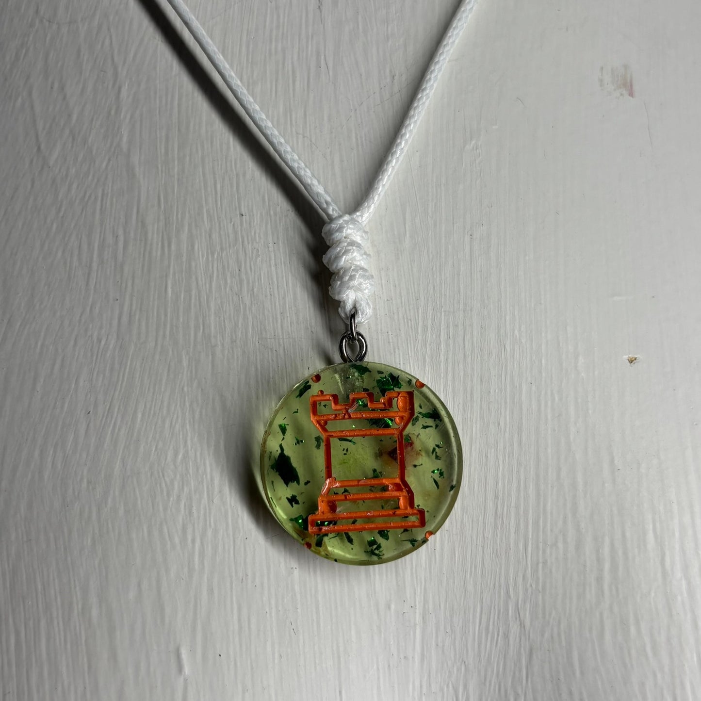 Green Orange Rook - Handmade Resin Chess Necklace