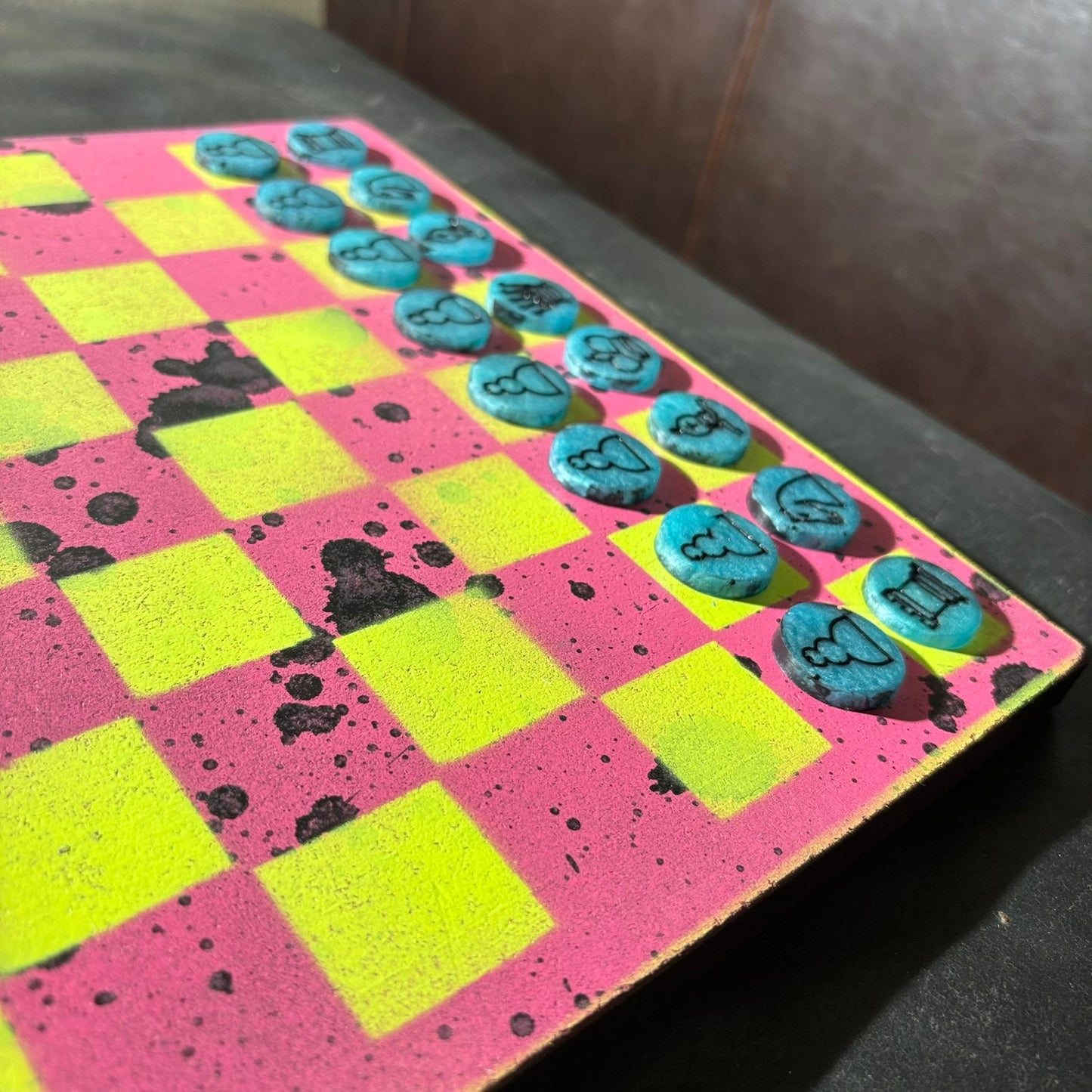 Pink/Green Splatter Spots - Painted Chess Set