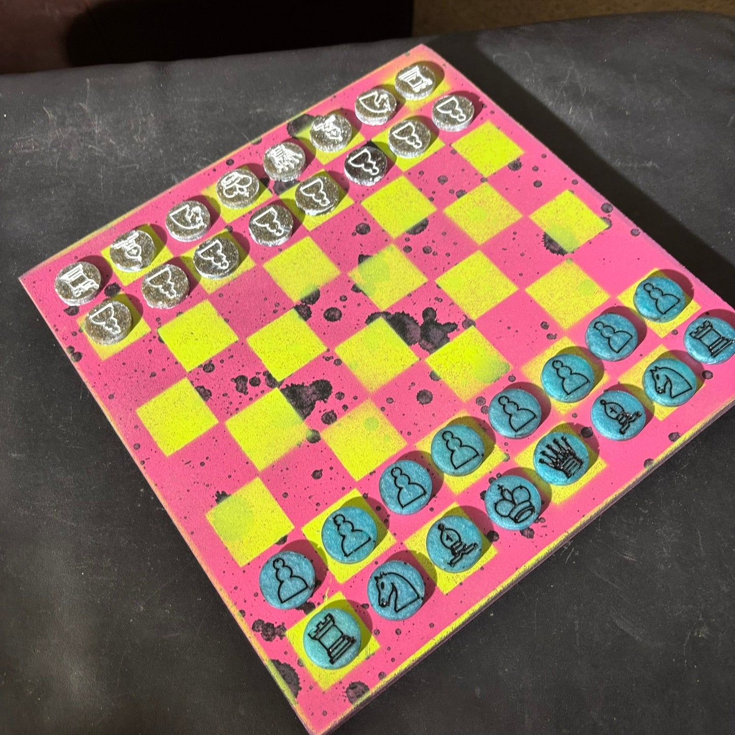 Pink/Green Splatter Spots - Painted Chess Set