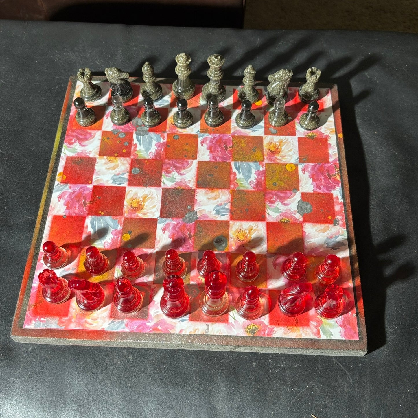 Opal Fire Red Flower - Scrapbook Chess Set