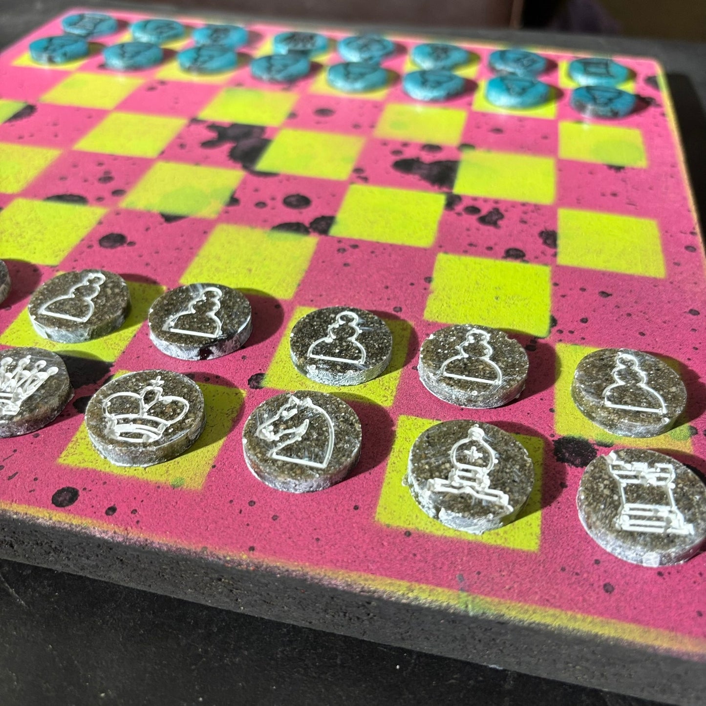 Pink/Green Splatter Spots - Painted Chess Set