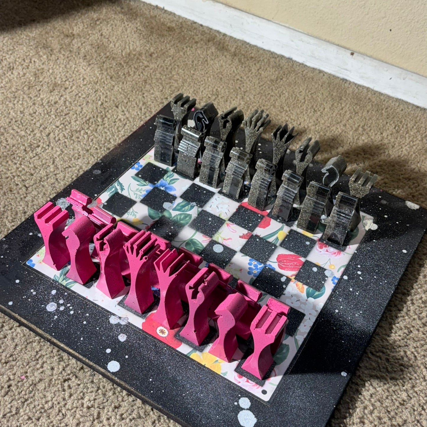 Pink Flowered Pattern - Large Deluxe Chess Set
