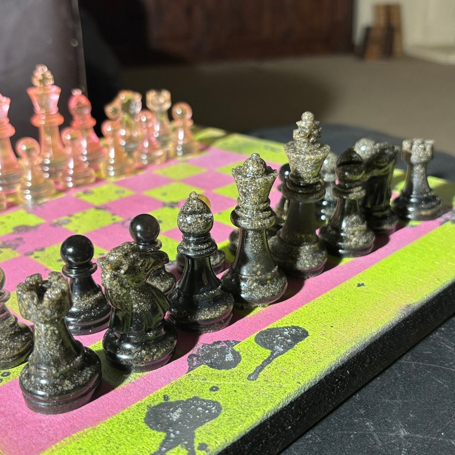 Classy Pink Neon Green- Painted Chess Set