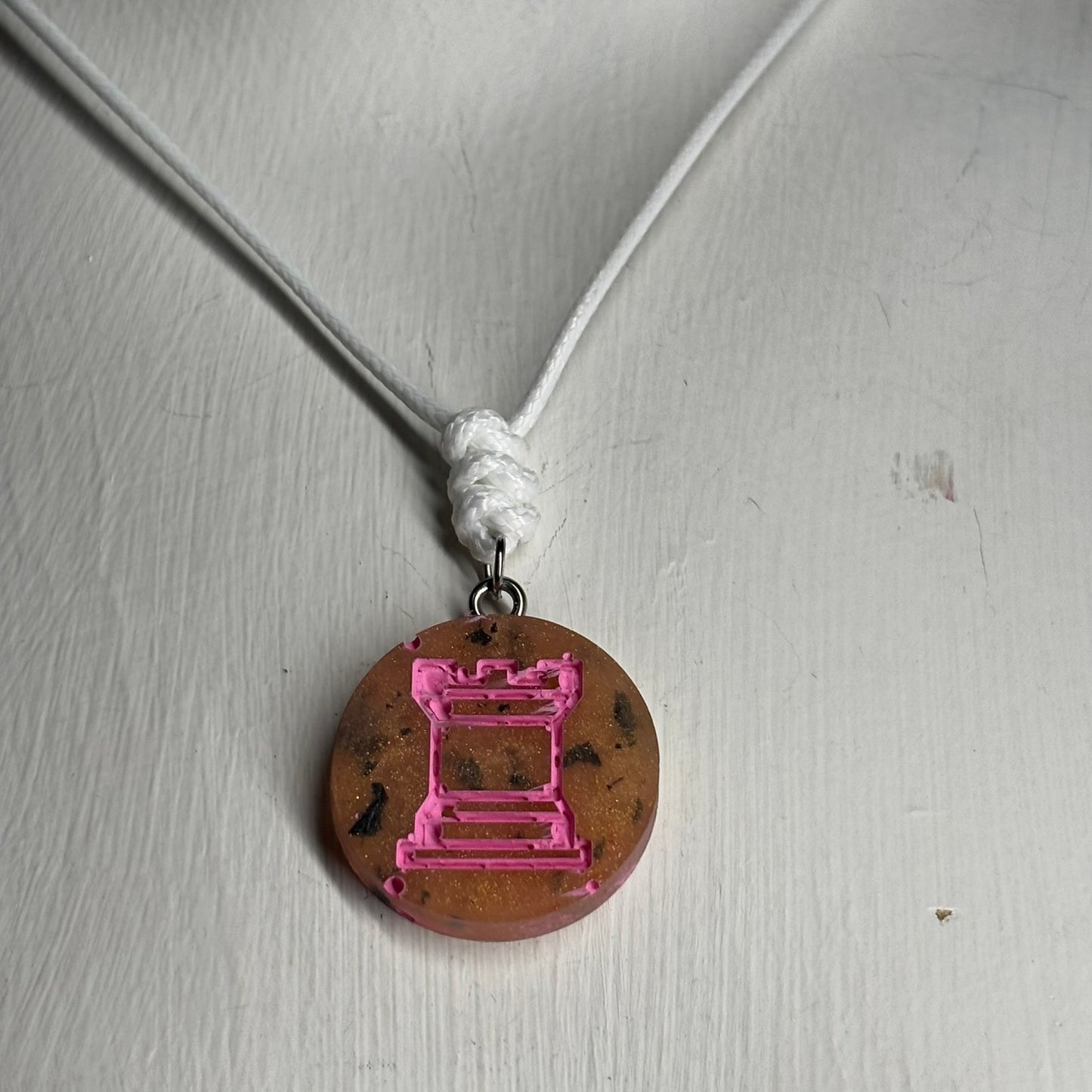 Fire Pink Rook - Handmade Resin Chess Necklace - Flat Edition