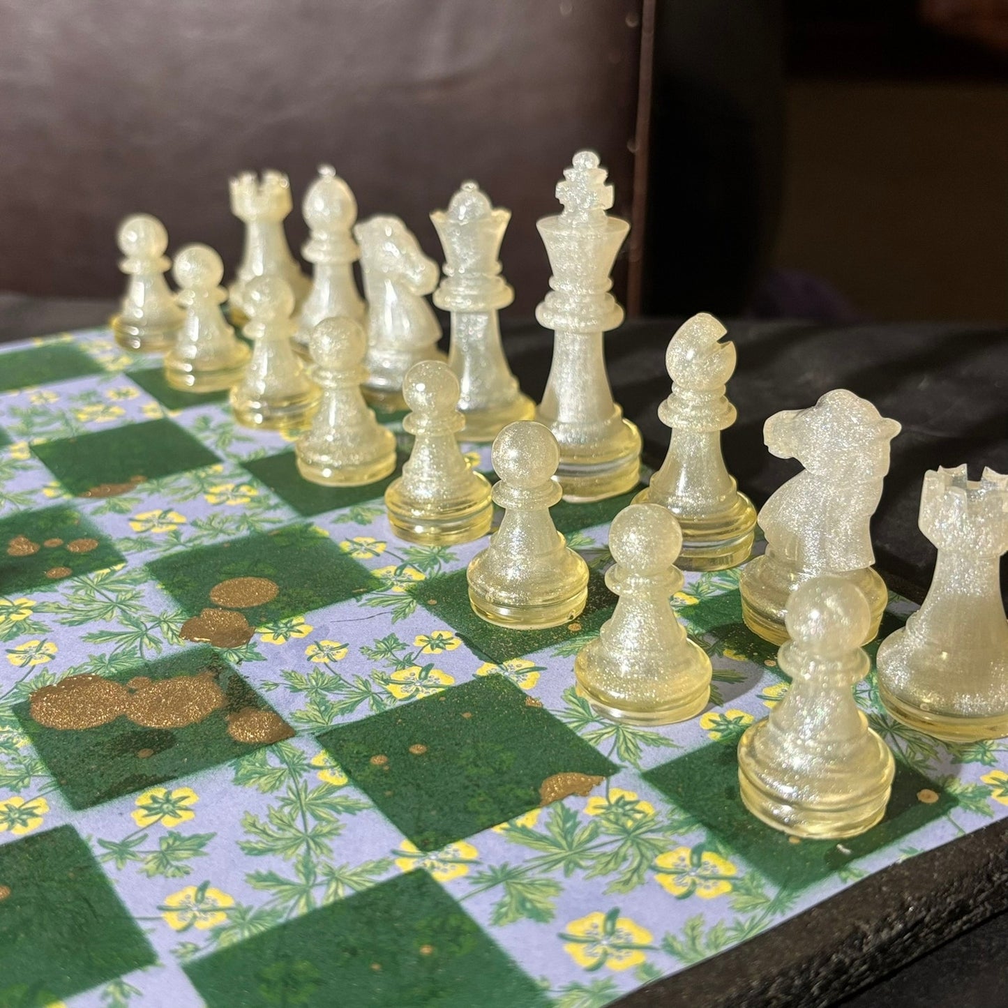Gold Splattered Green Pattern - Scrapbook Chess Set