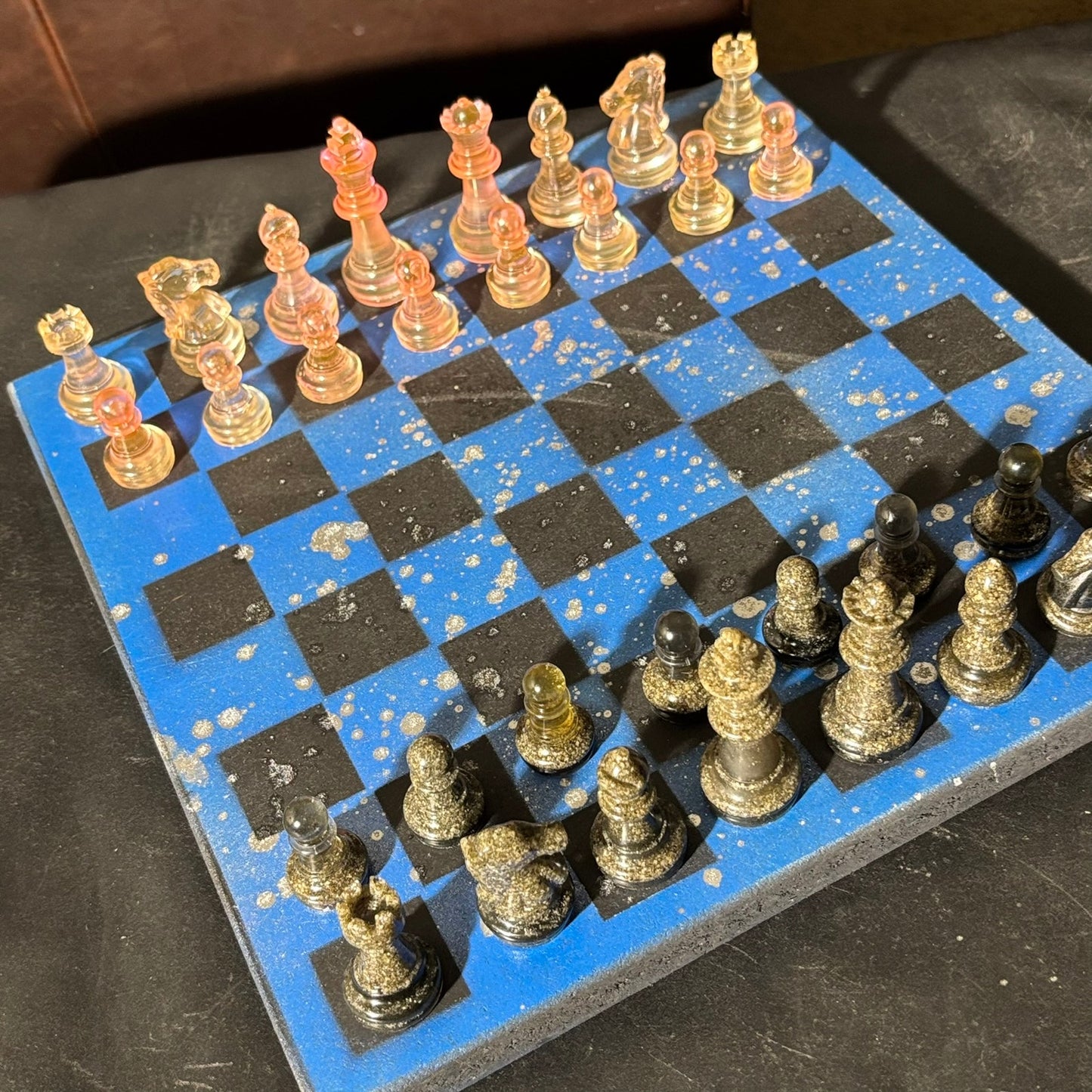 Blue Chrome Black - Painted Chess Set