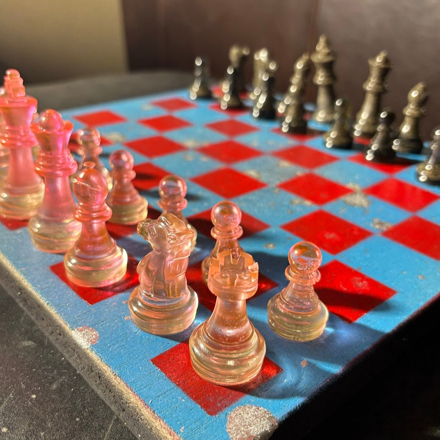Sky Blue & Red - Painted Chess Set