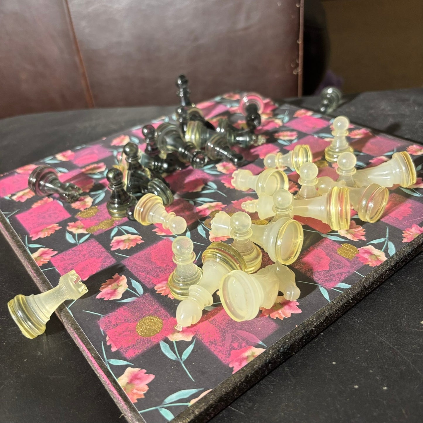 Beautiful Black Pink Flowers - Scrapbook Chess Set