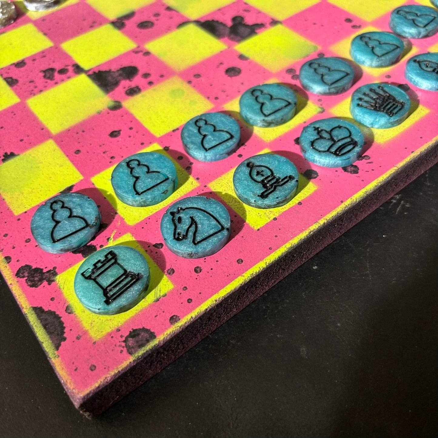 Pink/Green Splatter Spots - Painted Chess Set