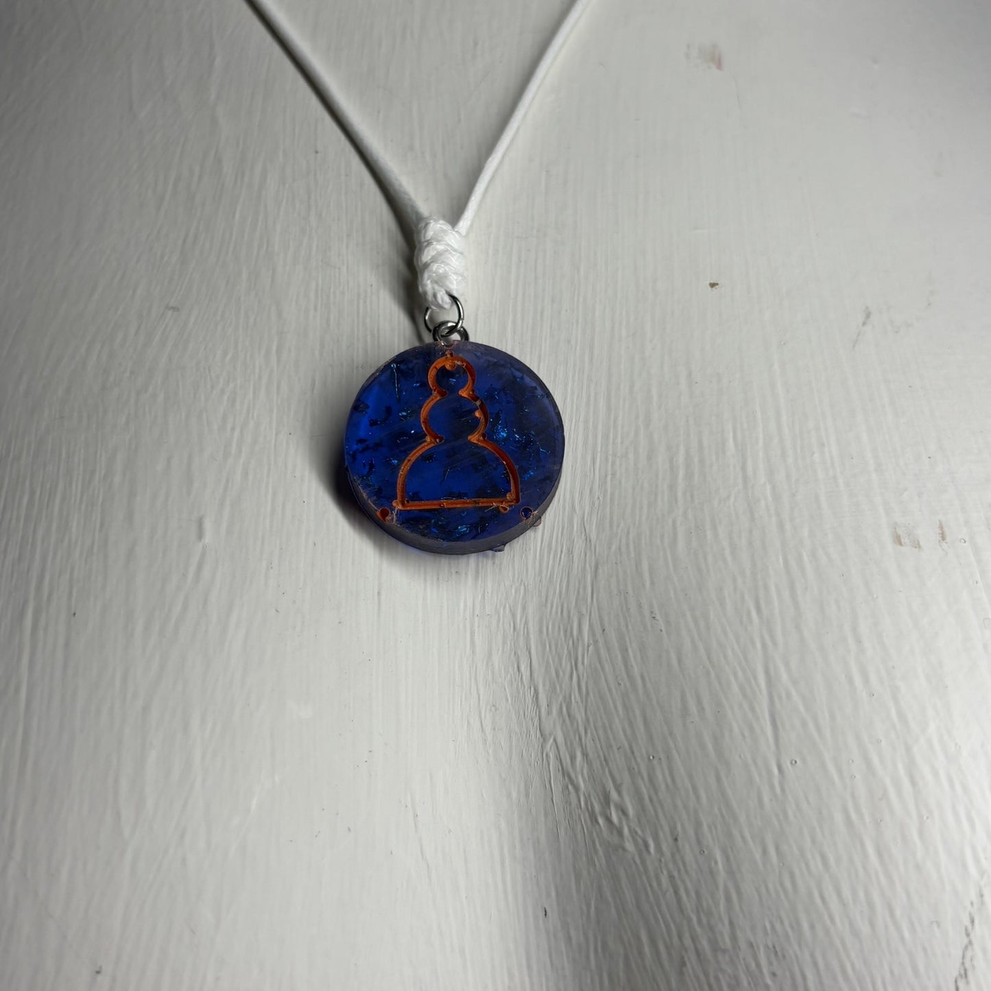 Blue Crystal Orange Pawn - Handmade Resin Chess Necklace