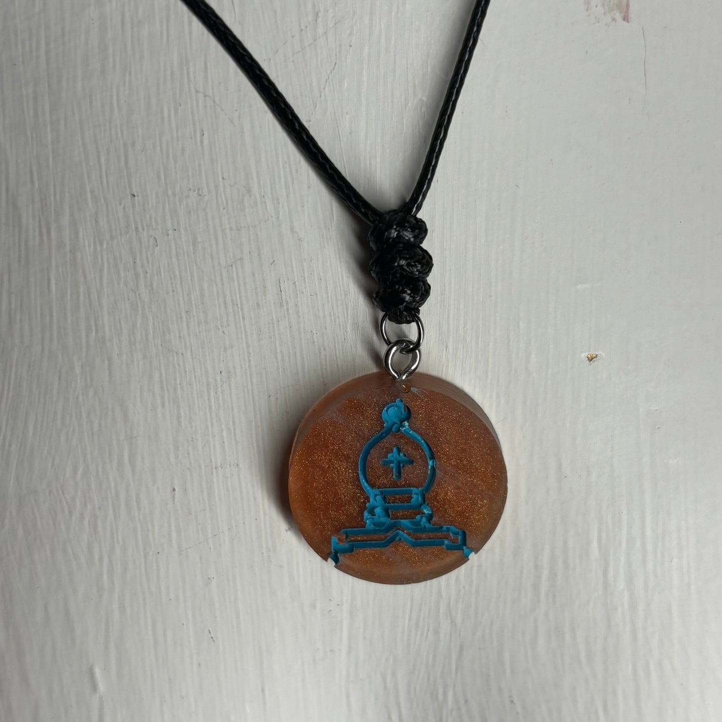 Blue Flamed Bishop - Handmade Resin Chess Necklace - Flat Edition