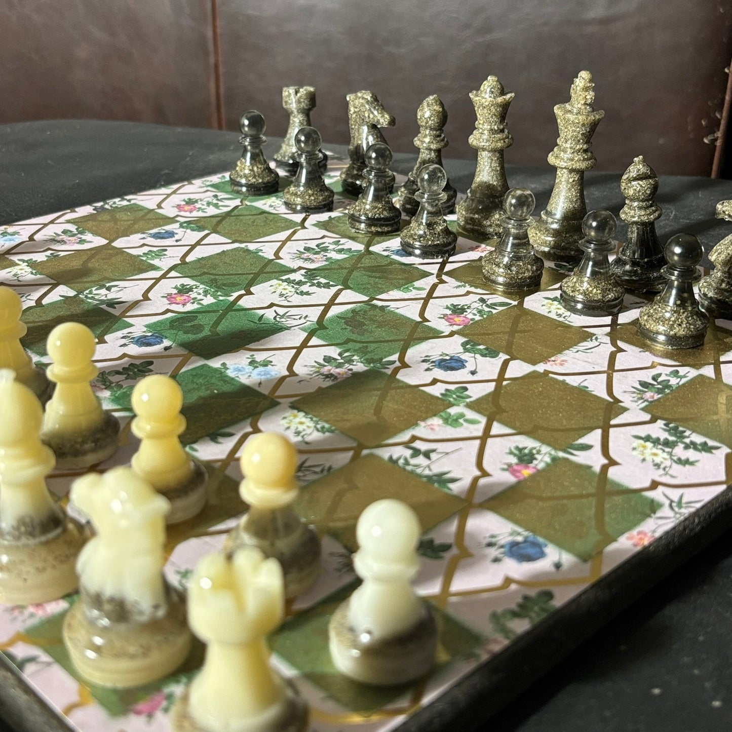 Golden Green Flowers - Scrapbook Chess Set