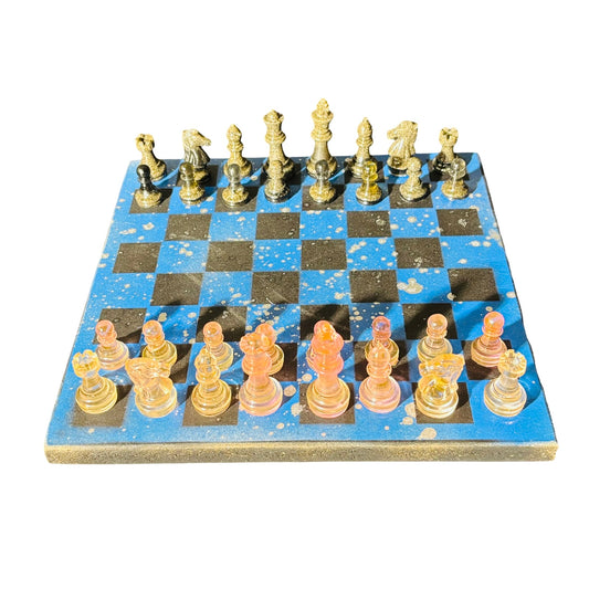 Blue Chrome Black - Painted Chess Set