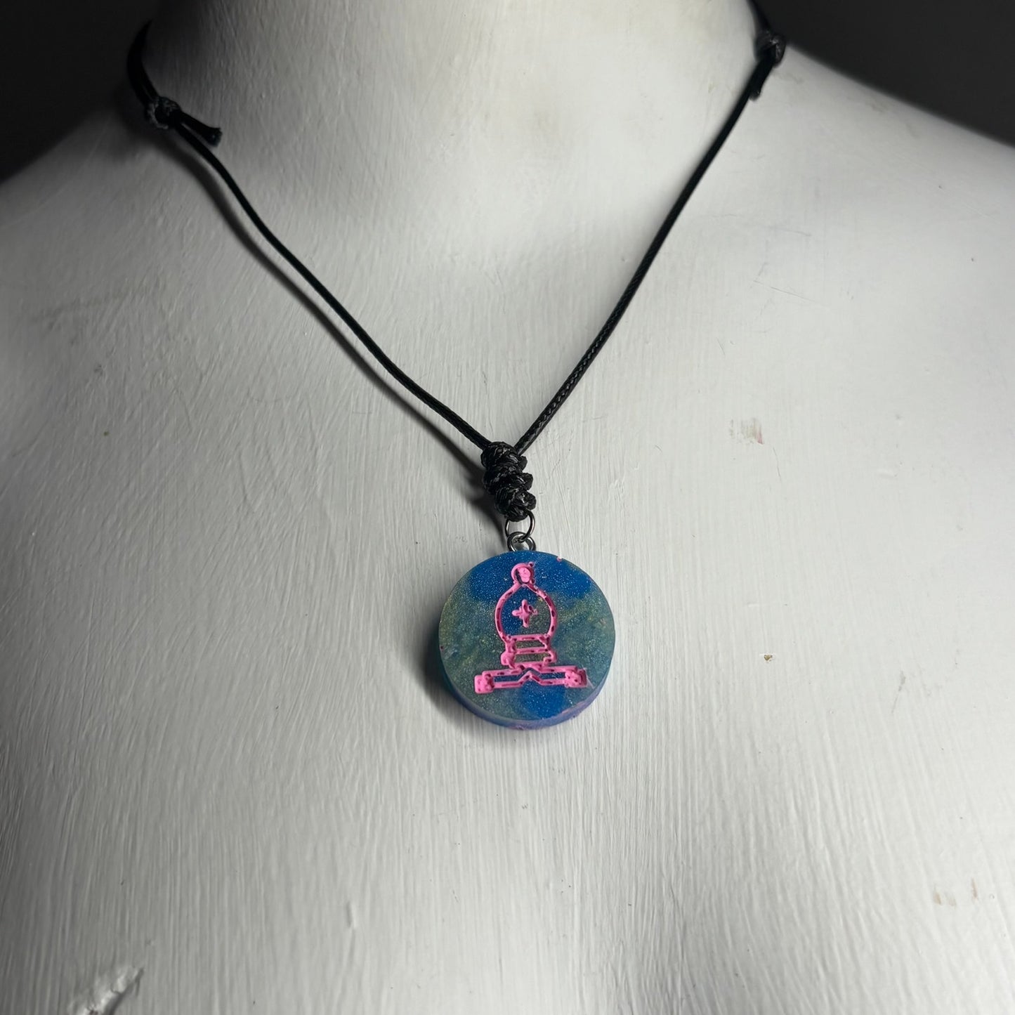 Blue & Pink Bishop - Handmade Resin Chess Necklace