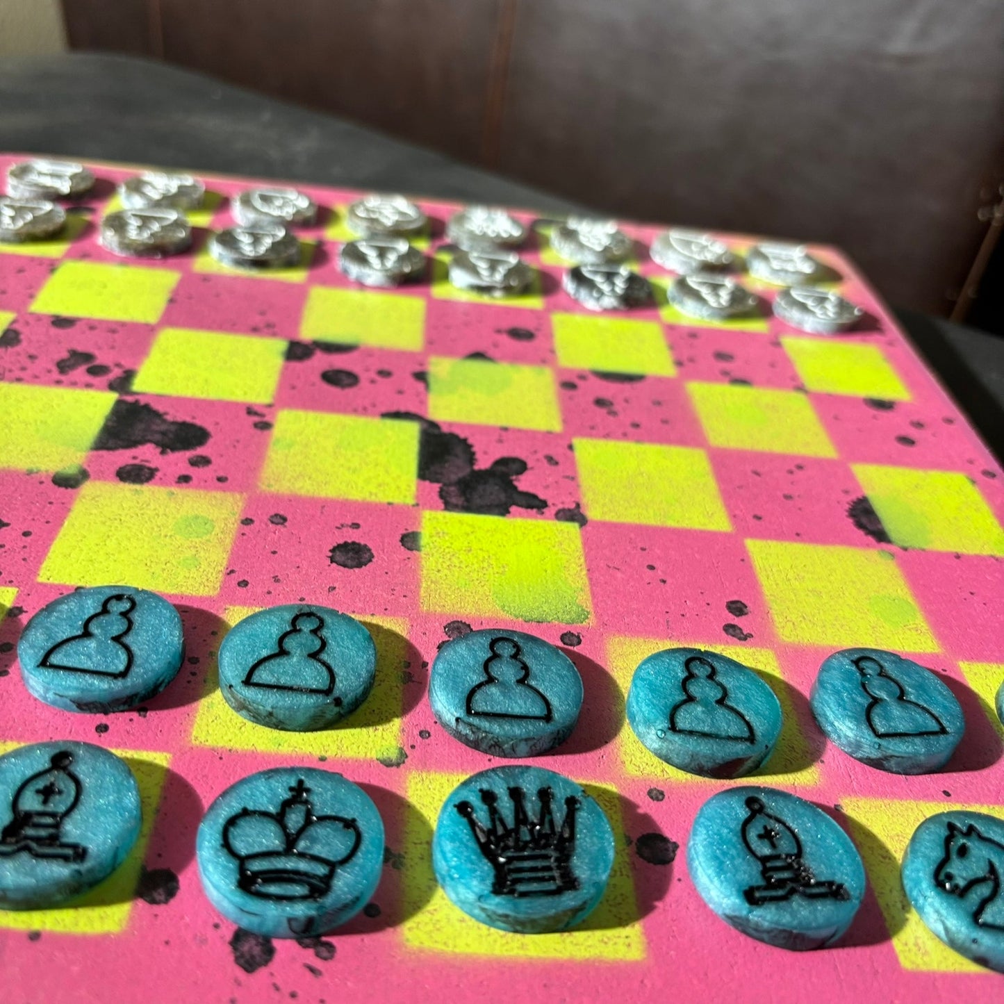 Pink/Green Splatter Spots - Painted Chess Set