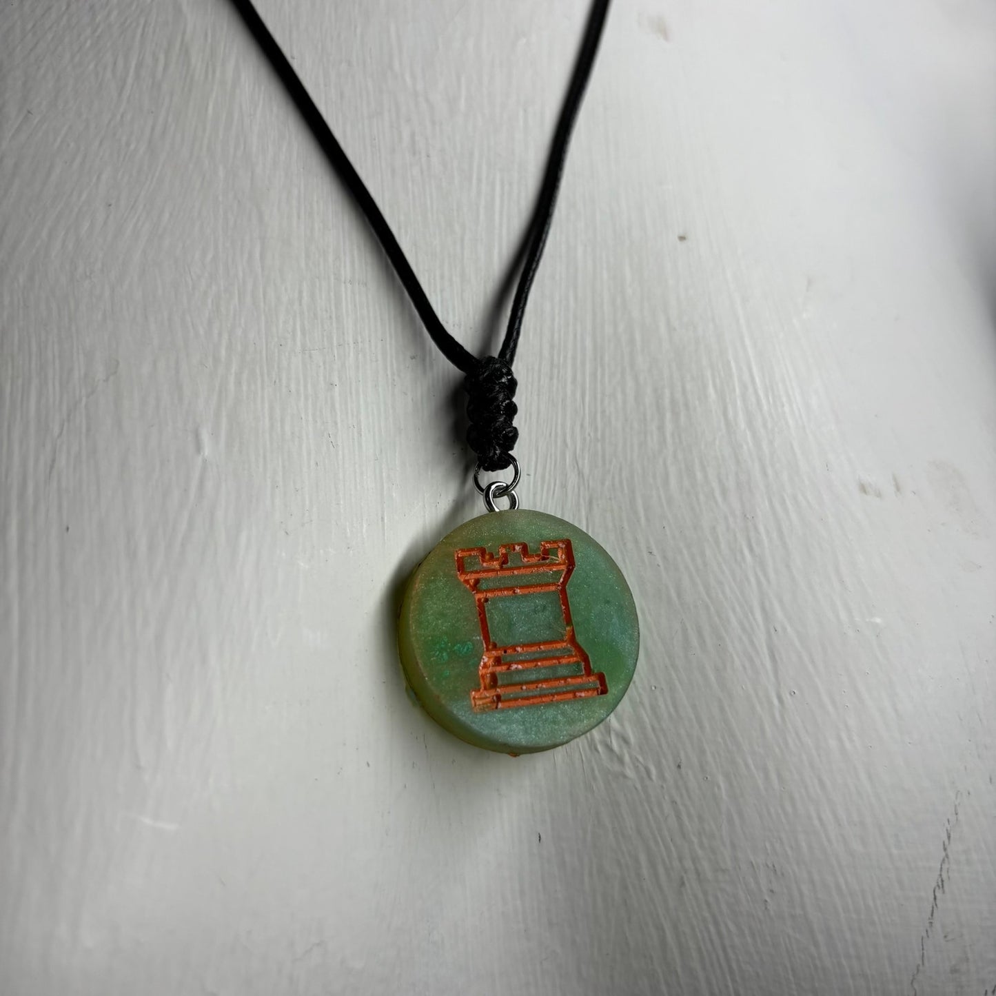 Green & Orange Rook - Handmade Resin Chess Necklace