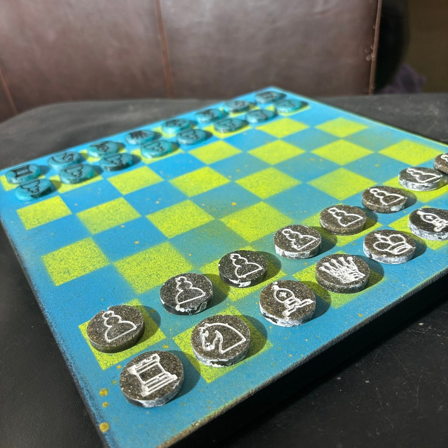 Neon Green Sky Blue - Painted Chess Set