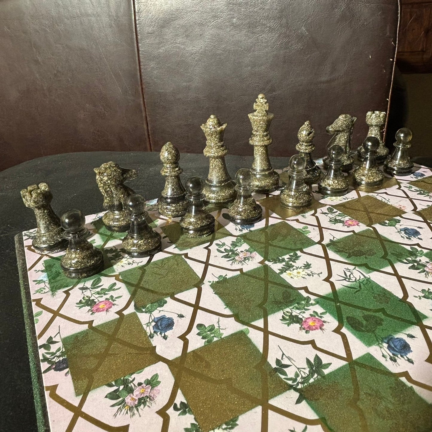 Golden Green Flowers - Scrapbook Chess Set