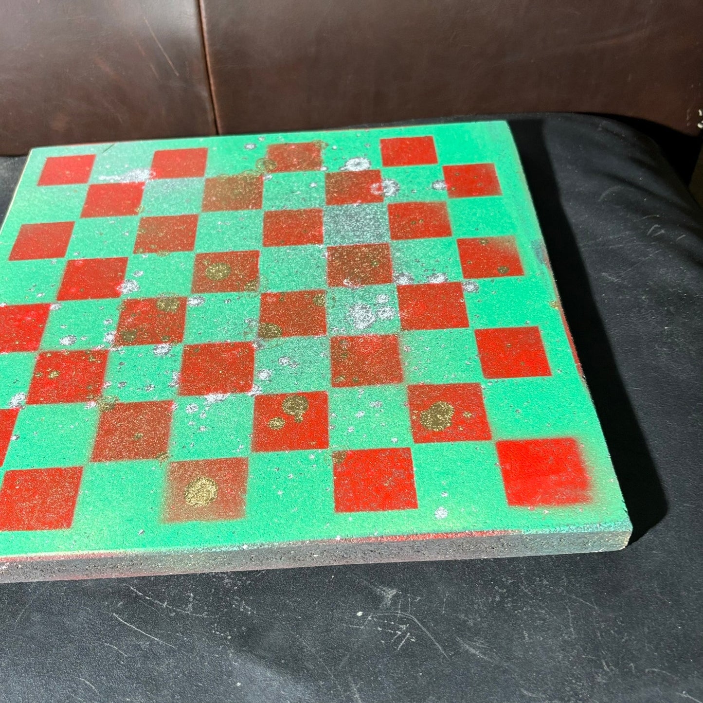 Splattered Green & Red - Painted Chess Board