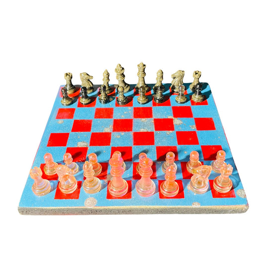 Sky Blue & Red - Painted Chess Set